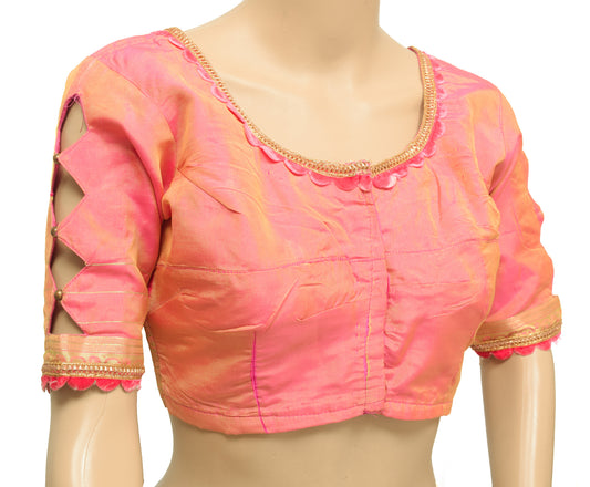 Sushila Vintage Readymade Stitched Sari Blouse Pink Silk Dual Tone Woven Top