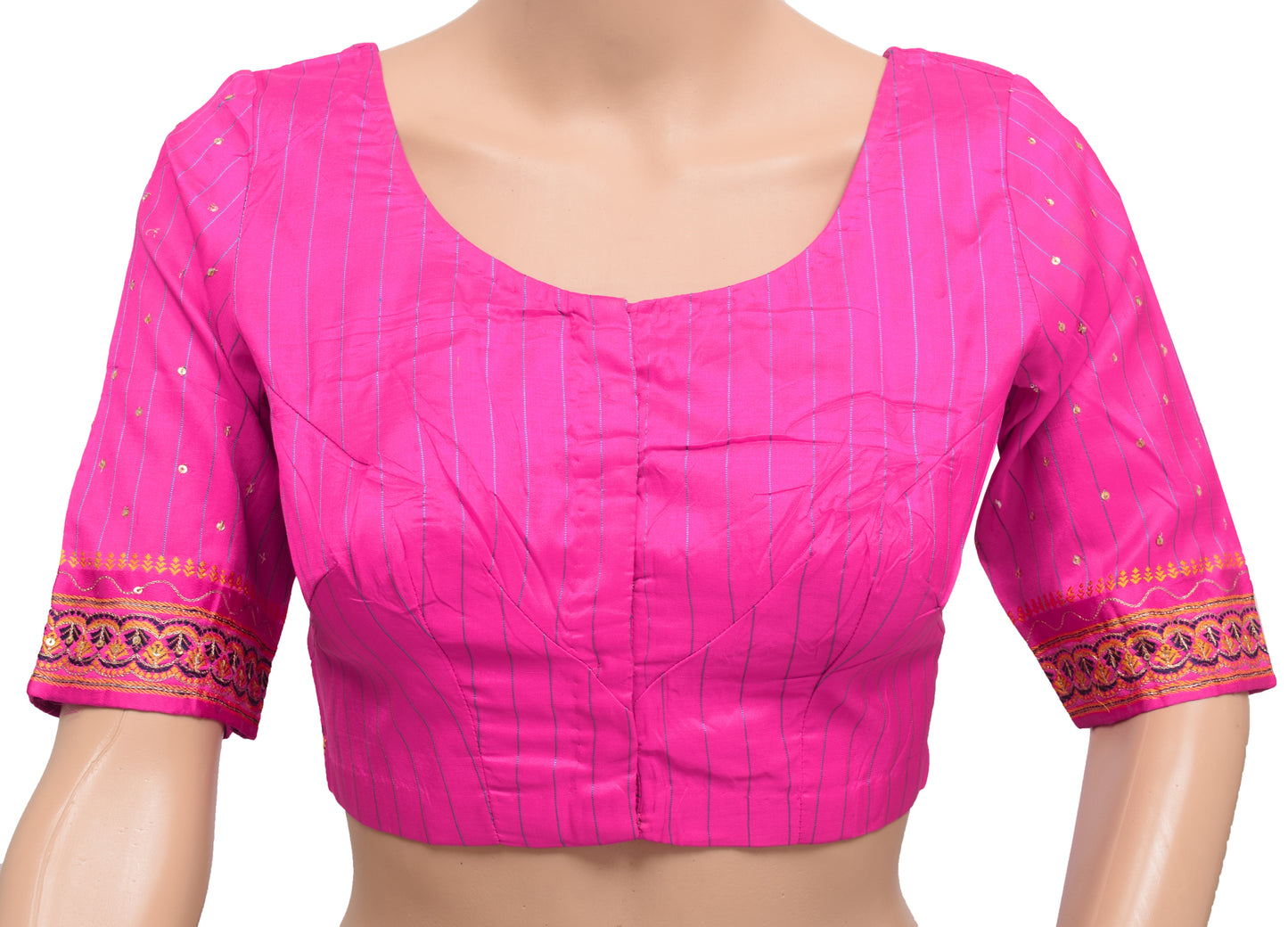 Sushila Vintage Readymade 32"Silk Sari Blouse Fuchsia Woven Designer Choli