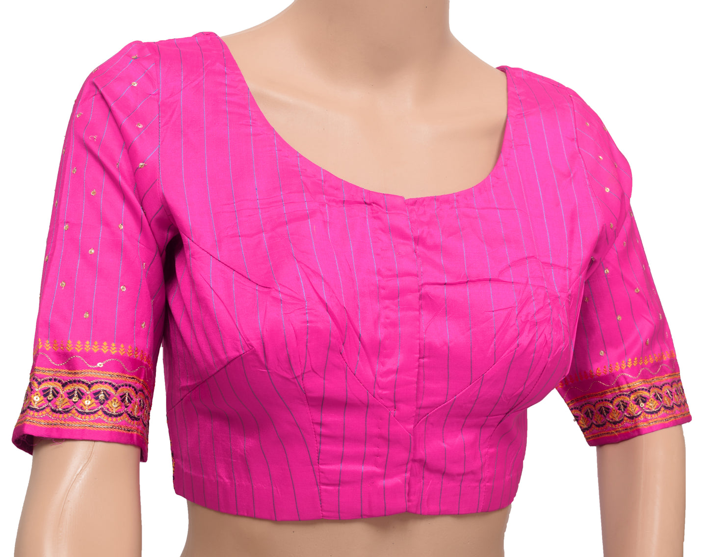 Sushila Vintage Readymade 32"Silk Sari Blouse Fuchsia Woven Designer Choli