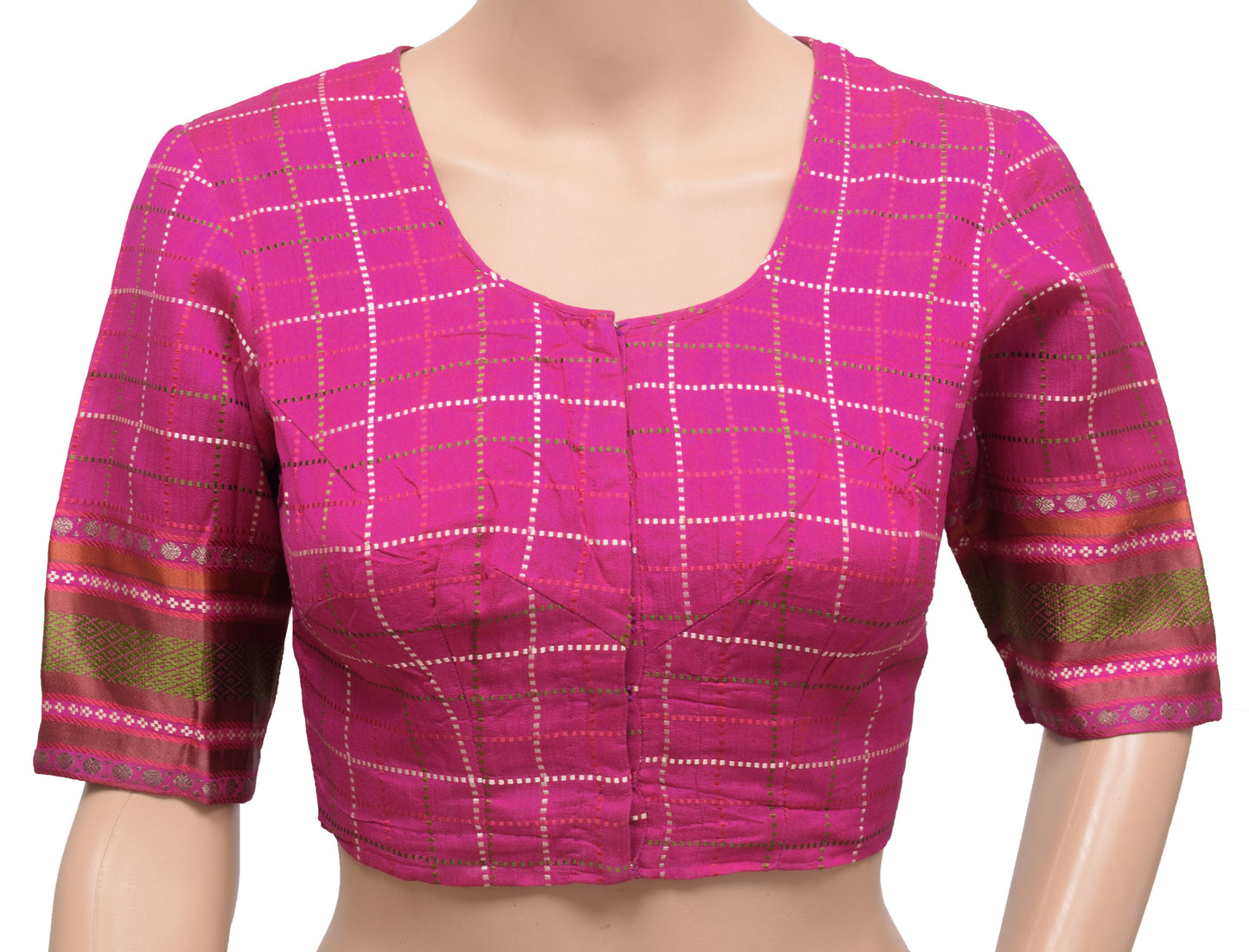 Sushila Vintage Readymade 32"Sari Blouse Silk Dark Pink Checks Woven Top