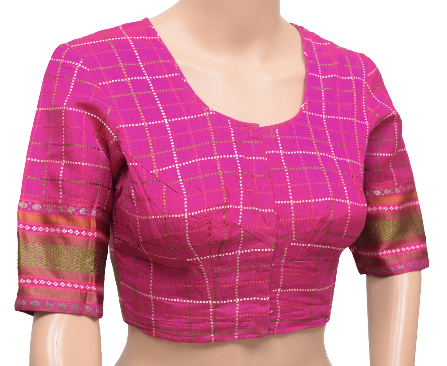 Sushila Vintage Readymade 32"Sari Blouse Silk Dark Pink Checks Woven Top