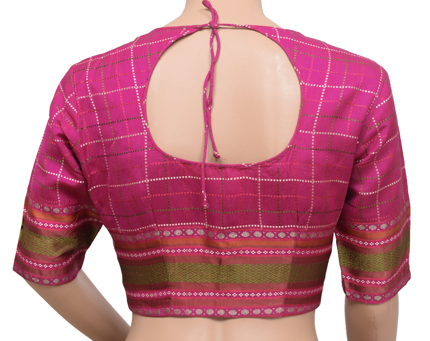Sushila Vintage Readymade 32"Sari Blouse Silk Dark Pink Checks Woven Top