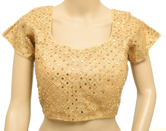 Sushila Vintage Designer Stitched Stunning Golden Mirror Work Sari Blouse 37"Top