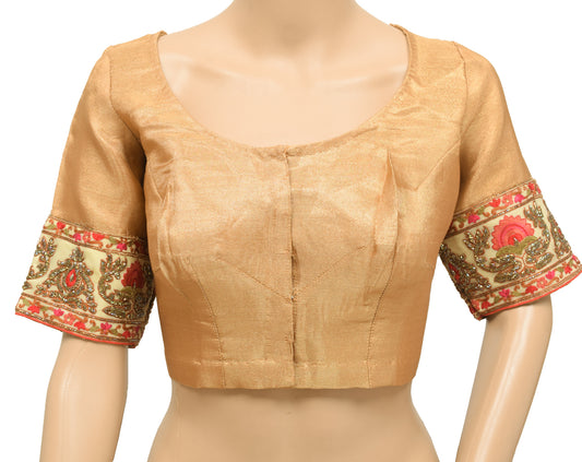 Sushila Vintage Readymade 40"Sari Blouse Golden Tissue Woven Designer Top