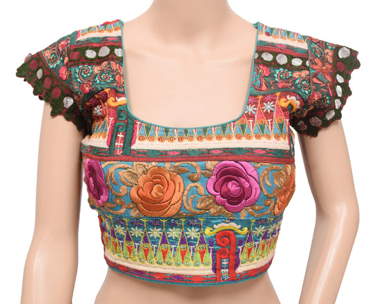 Sushila Vintage Readymade 36" Sari Blouse Multi-Color Patch Work Silk Top