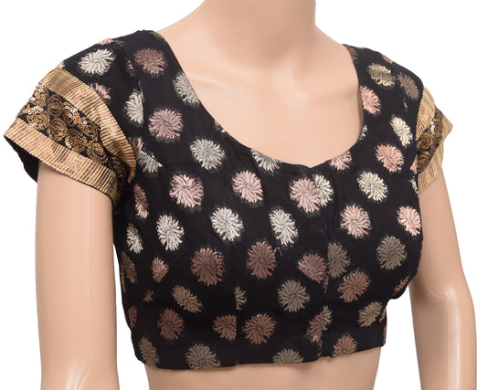Sushila Vintage Readymade 34" Sari Blouse Black Silk Woven Designer Choli