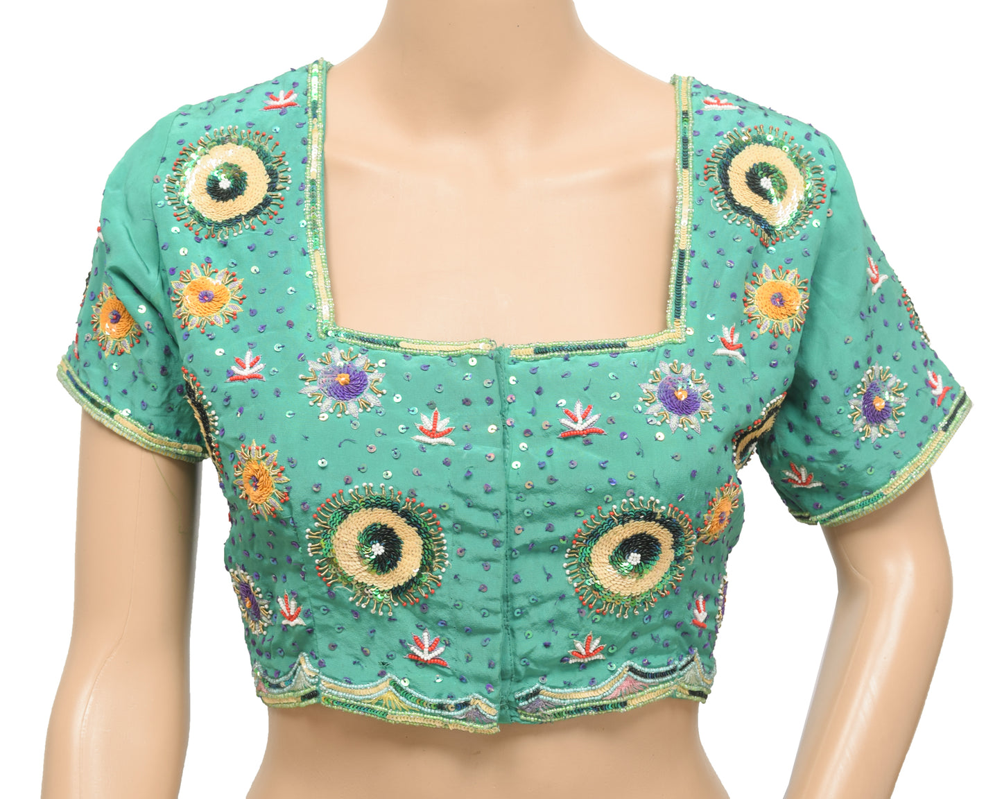 Sushila Vintage Aqua Green Readymade 38"Sari Blouse Silk Hand Beaded Top