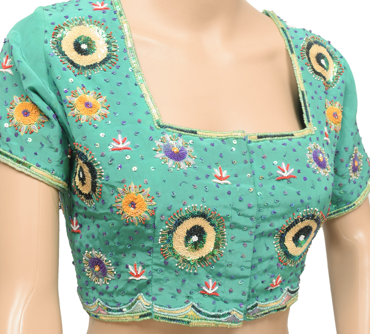 Sushila Vintage Aqua Green Readymade 38"Sari Blouse Silk Hand Beaded Top