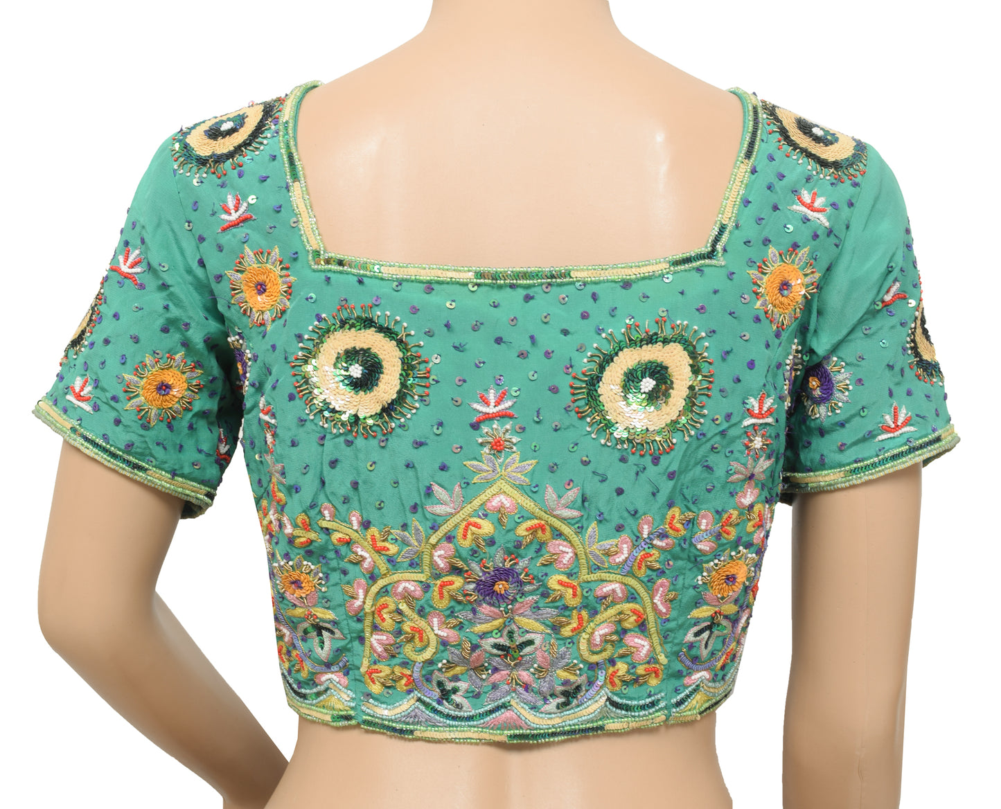 Sushila Vintage Aqua Green Readymade 38"Sari Blouse Silk Hand Beaded Top