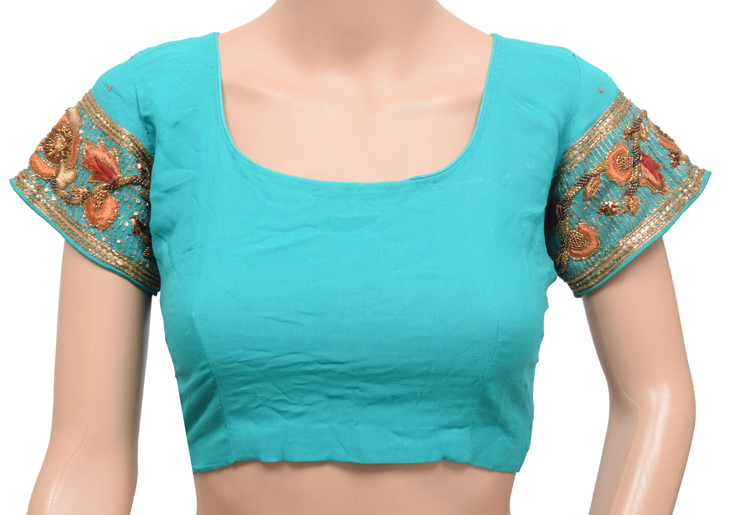 Sushila Vintage Readymade 36"Sari Blouse Aqua Georgette Hand Beaded Top