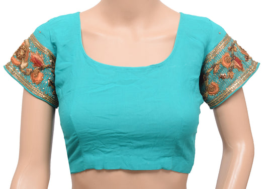 Sushila Vintage Readymade Stitched Sari Blouse Aqua Georgette Hand Beaded Top
