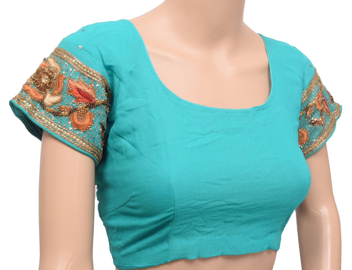 Sushila Vintage Readymade 36"Sari Blouse Aqua Georgette Hand Beaded Top