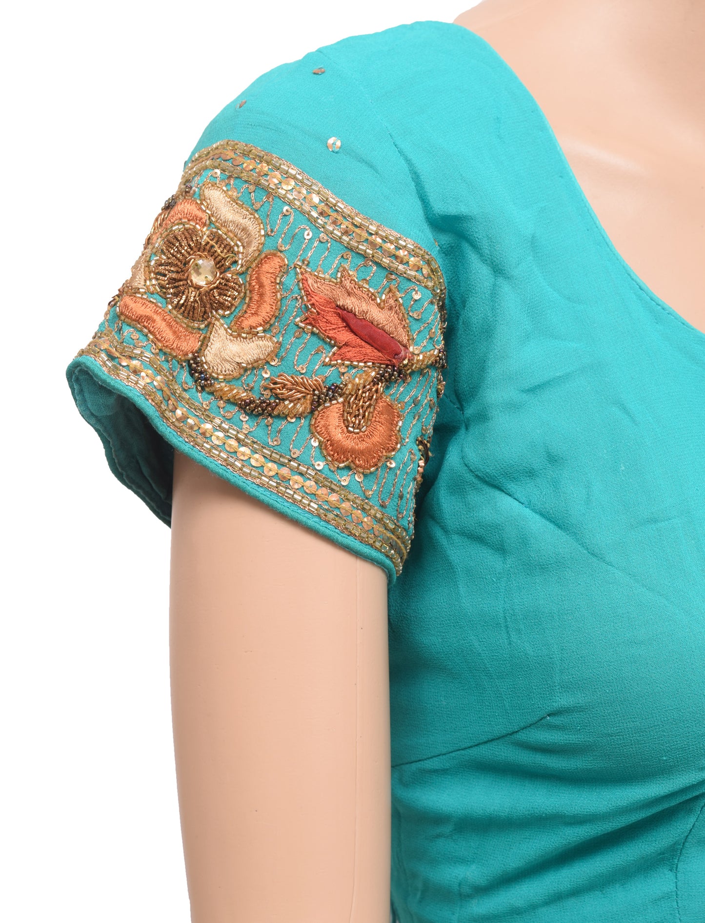 Sushila Vintage Readymade 36"Sari Blouse Aqua Georgette Hand Beaded Top