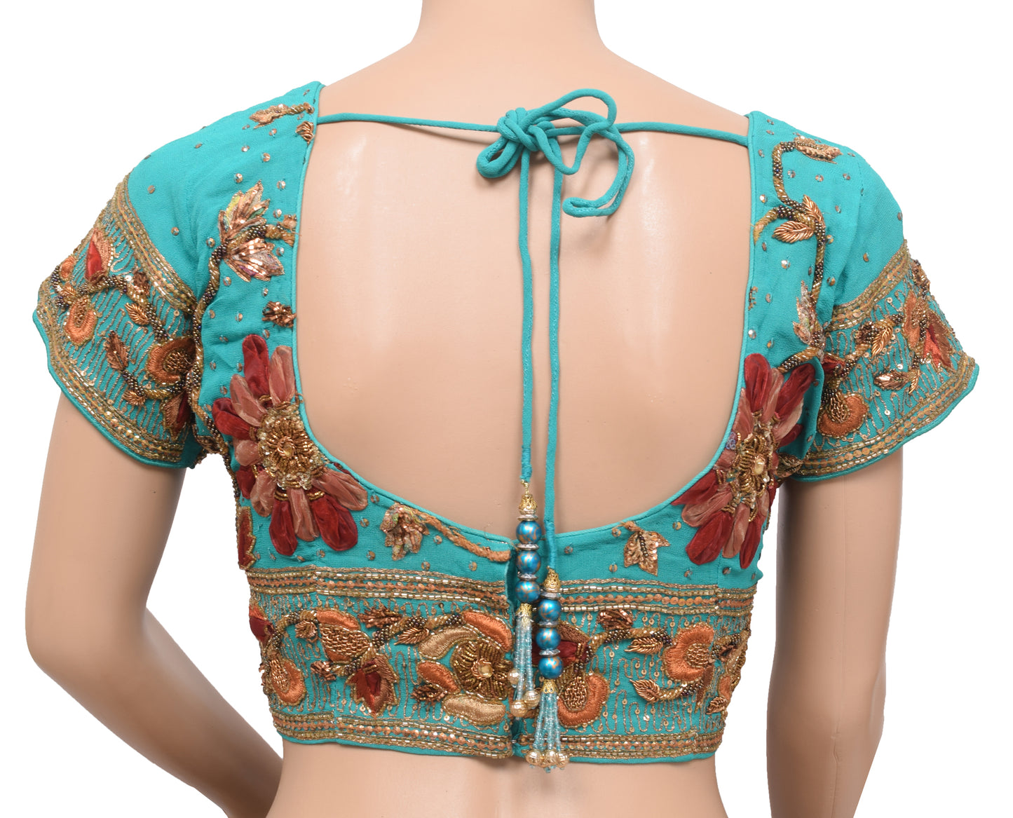 Sushila Vintage Readymade 36"Sari Blouse Aqua Georgette Hand Beaded Top