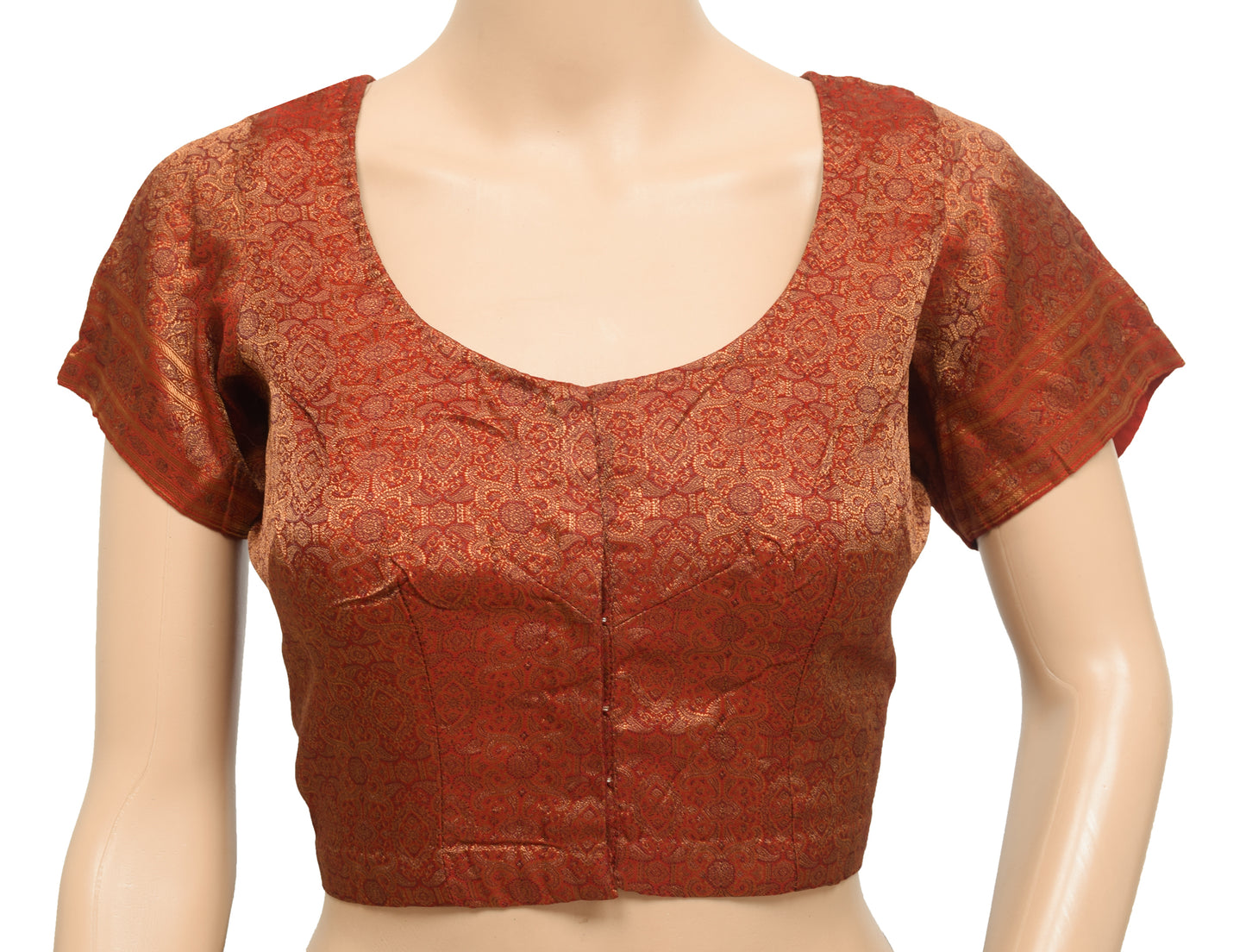 Sushila Vintage Readymade 36"Sari Blouse Red Satin Silk Resham Woven Top
