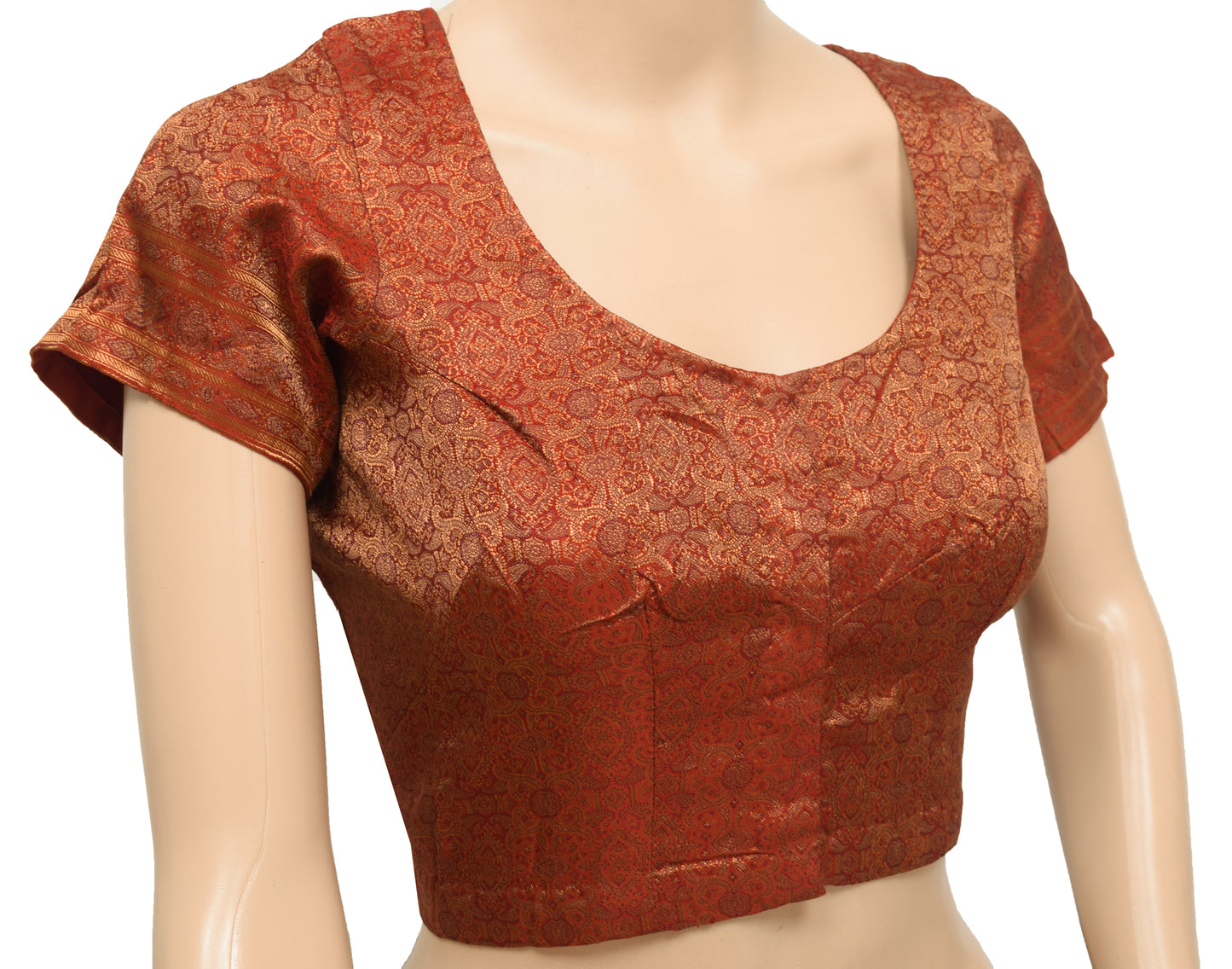 Sushila Vintage Readymade 36"Sari Blouse Red Satin Silk Resham Woven Top