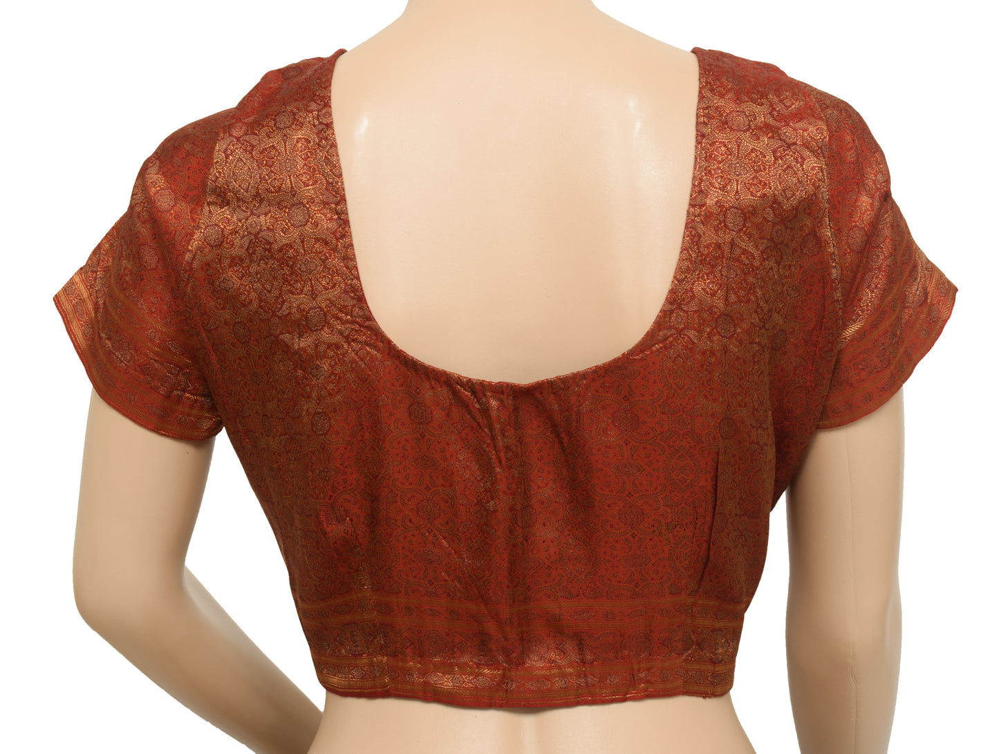 Sushila Vintage Readymade 36"Sari Blouse Red Satin Silk Resham Woven Top