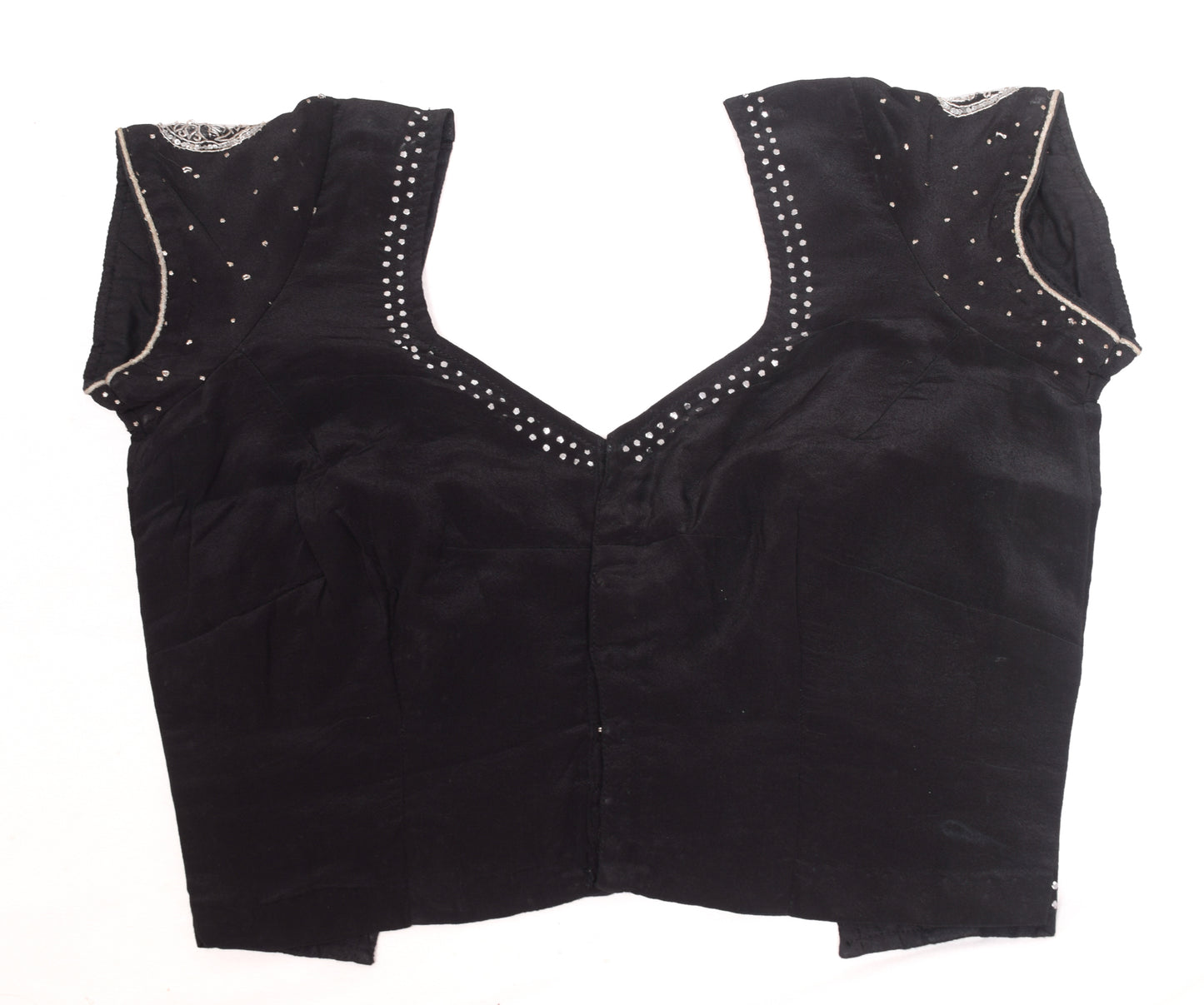 Sushila Vintage Stitched Black Sari Blouse Crepe Silk Mukesh Work Designer Top 30"