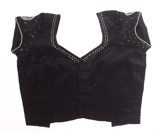 Sushila Vintage Stitched Black Sari Blouse Crepe Silk Mukesh Work Designer Top 30"