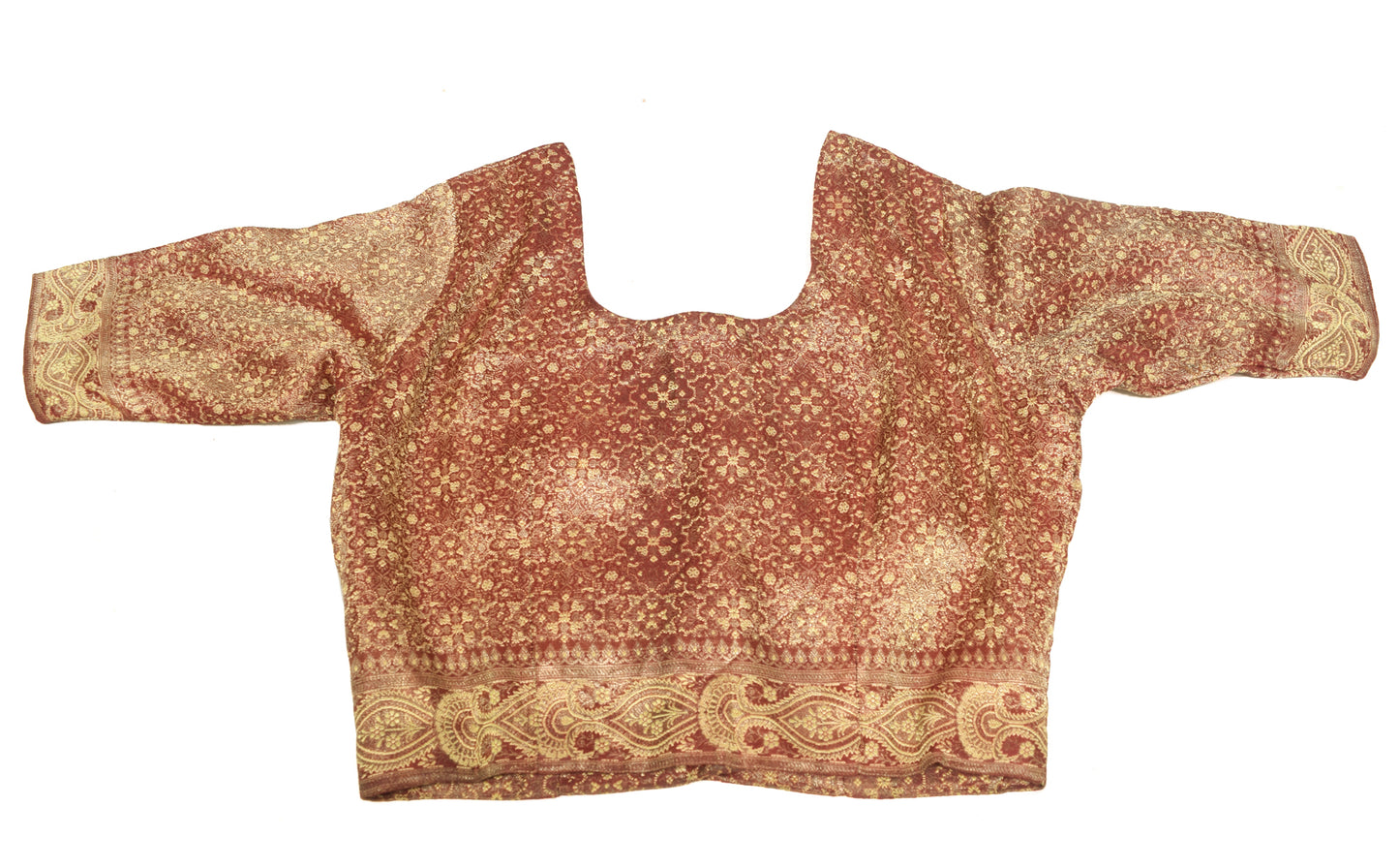 Sushila Vintage Readymade 30" Maroon Banarasi Silk Sari Blouse Woven Top