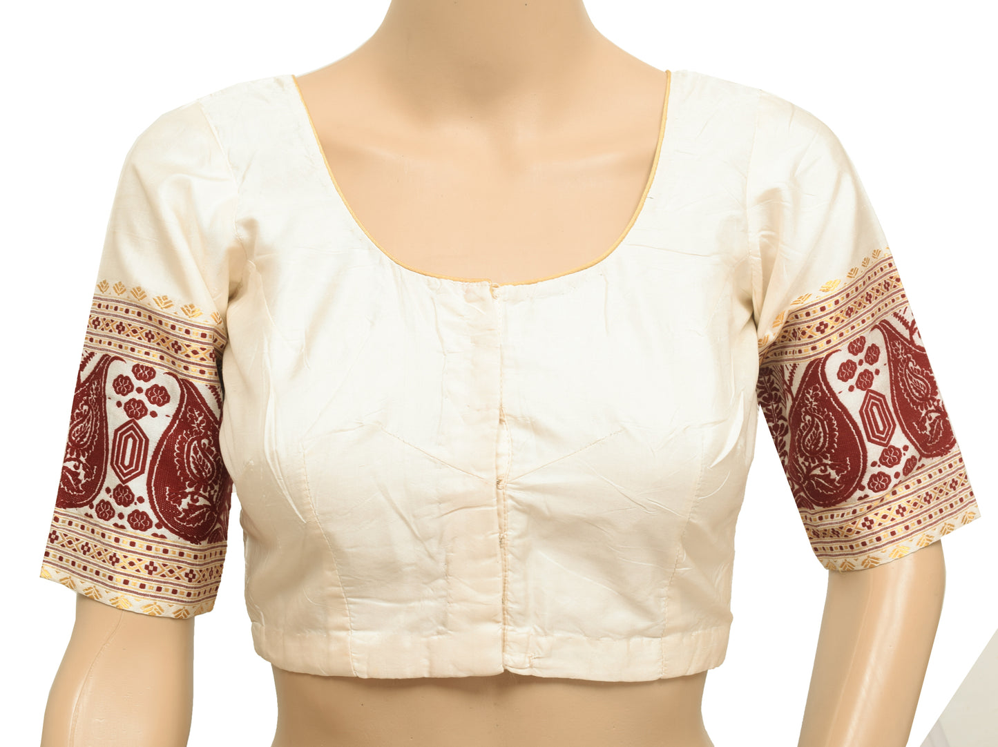 Sushila Vintage Cream Readymade Stitched Silk Sari Blouse Woven Designer Choli 32"