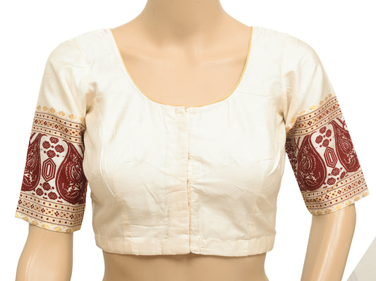 Sushila Vintage Cream Readymade Stitched Silk Sari Blouse Woven Designer Choli 32"