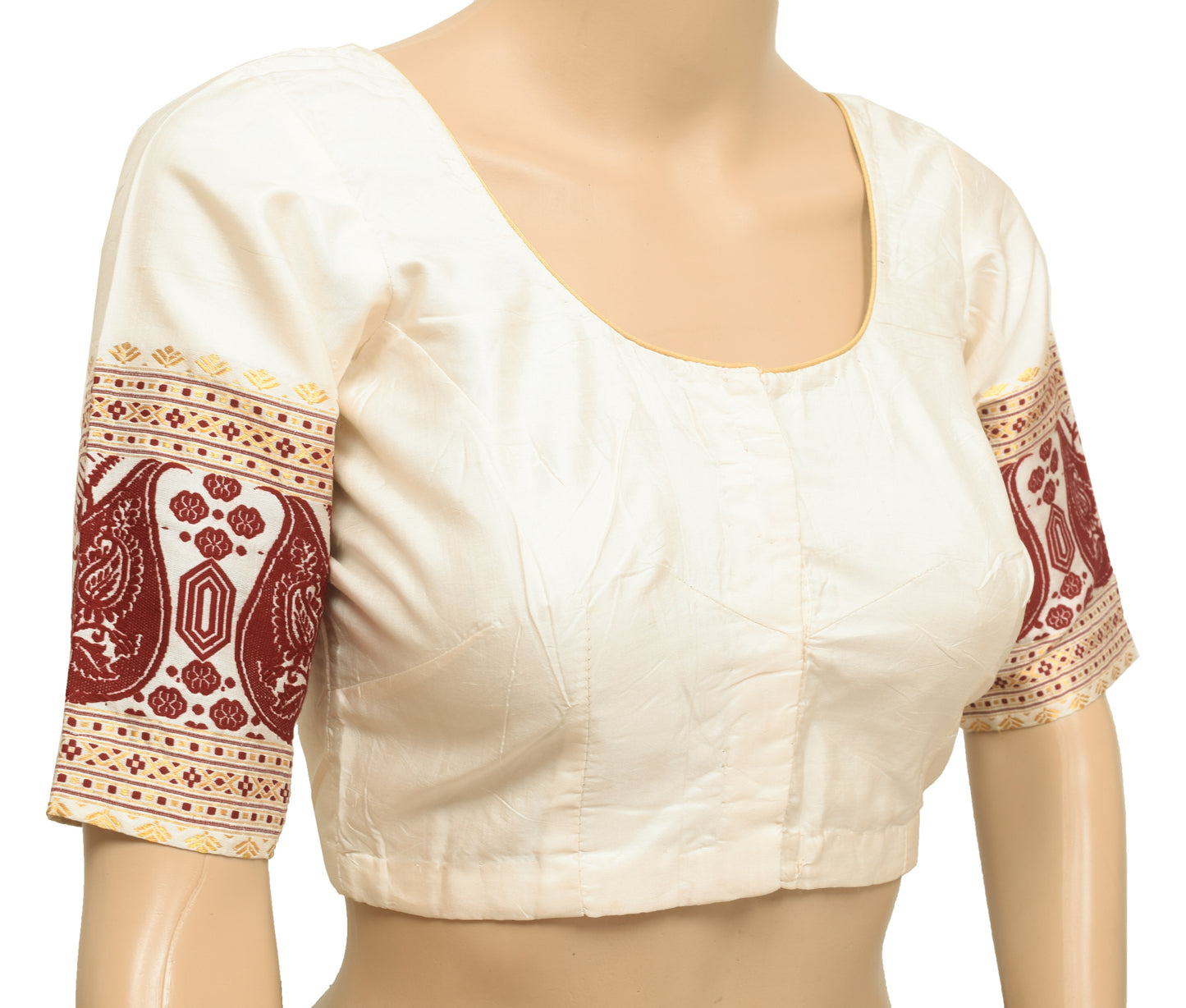 Sushila Vintage Cream Readymade Stitched Silk Sari Blouse Woven Designer Choli 32"