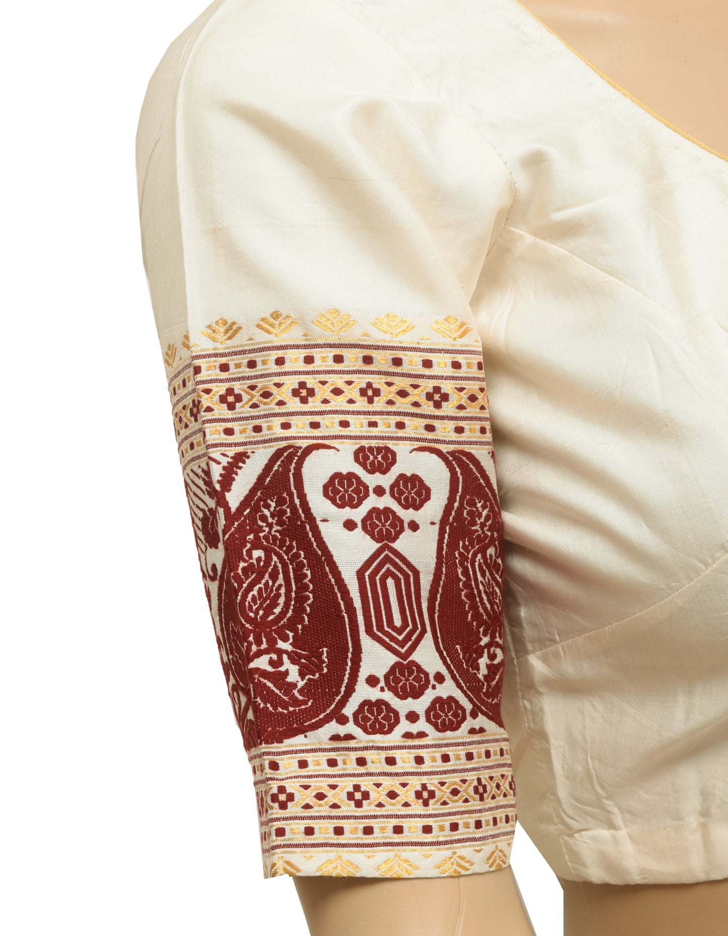 Sushila Vintage Cream Readymade Stitched Silk Sari Blouse Woven Designer Choli 32"