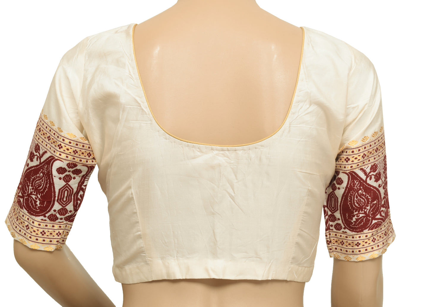 Sushila Vintage Cream Readymade Stitched Silk Sari Blouse Woven Designer Choli 32"