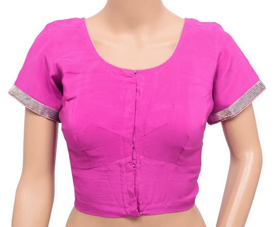 Sushila Vintage Readymade 36" Sari Blouse Magenta Silk Hand Beaded Choli