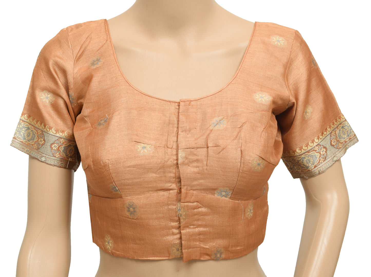 Sushila Vintage Readymade 32" Sari Blouse Brown Floral Pure Silk Woven Top