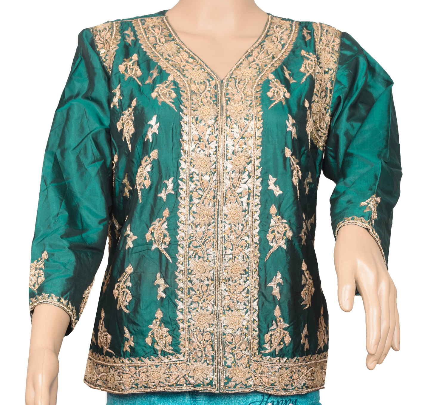 Bottle Green Short Kurti Stitched Sari Blouse Pure Silk Hand Beaded Floral Top 42"