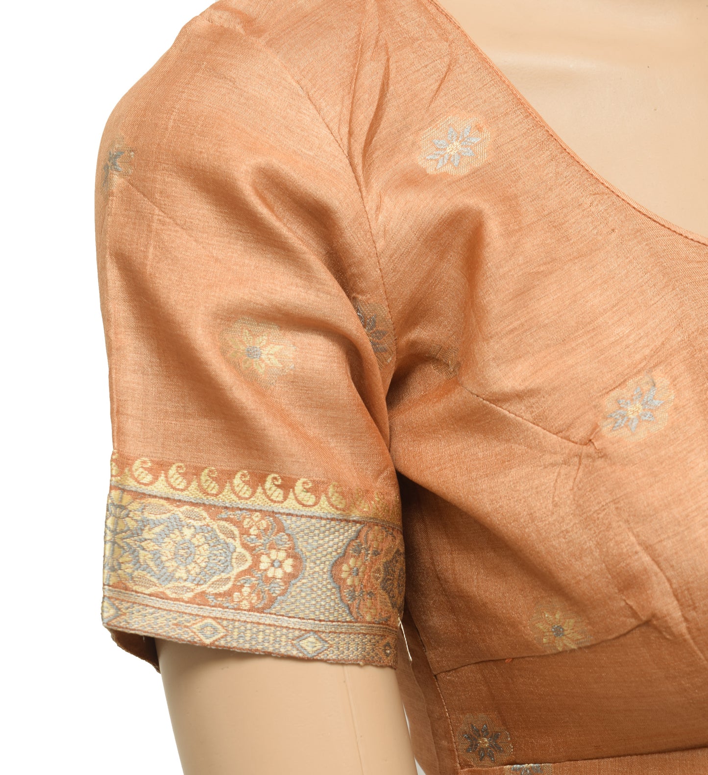 Sushila Vintage Readymade 32" Sari Blouse Brown Floral Pure Silk Woven Top