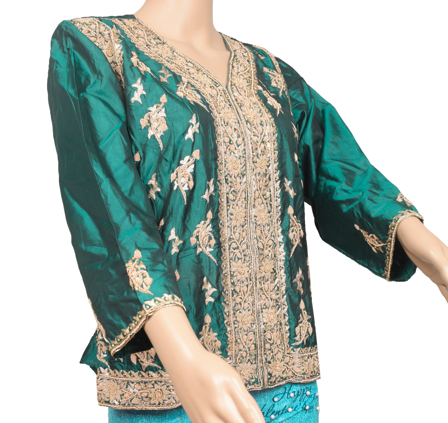 Bottle Green Short Kurti Stitched Sari Blouse Pure Silk Hand Beaded Floral Top 42"