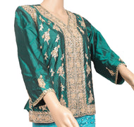 Bottle Green Short Kurti Stitched Sari Blouse Pure Silk Hand Beaded Floral Top