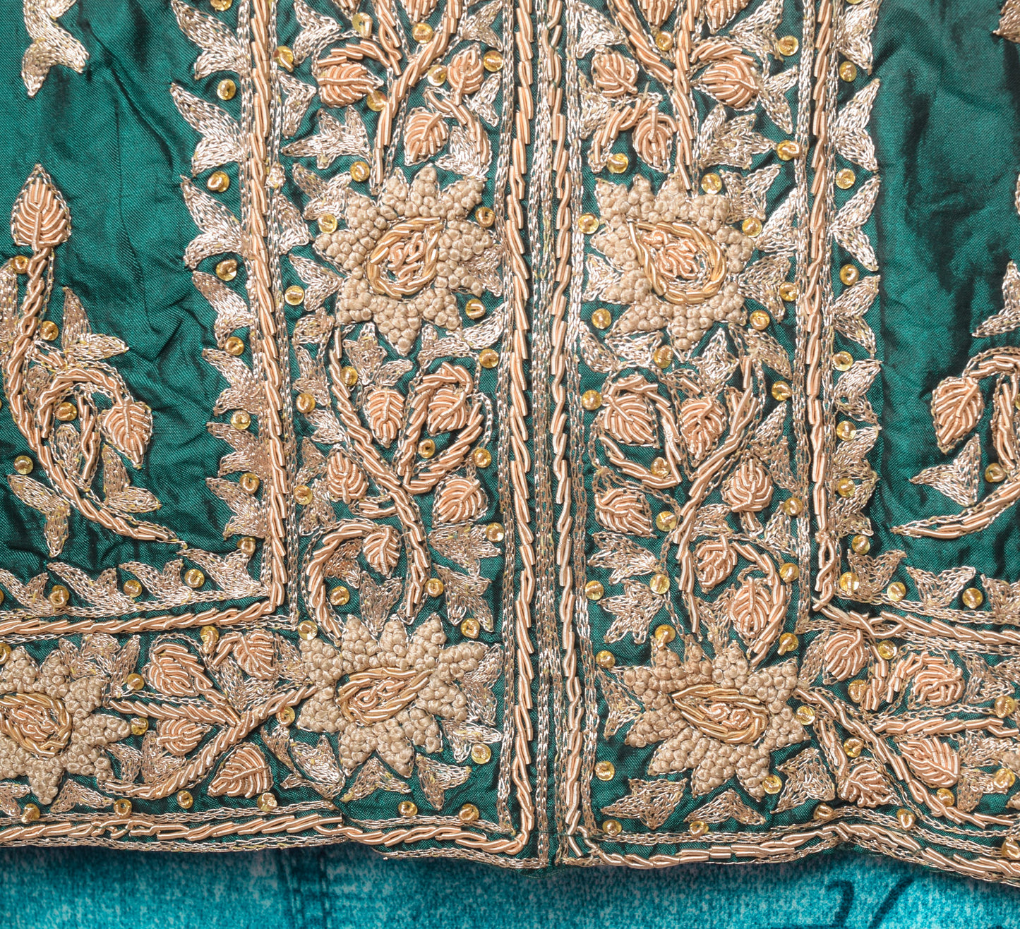 Bottle Green Short Kurti Stitched Sari Blouse Pure Silk Hand Beaded Floral Top 42"