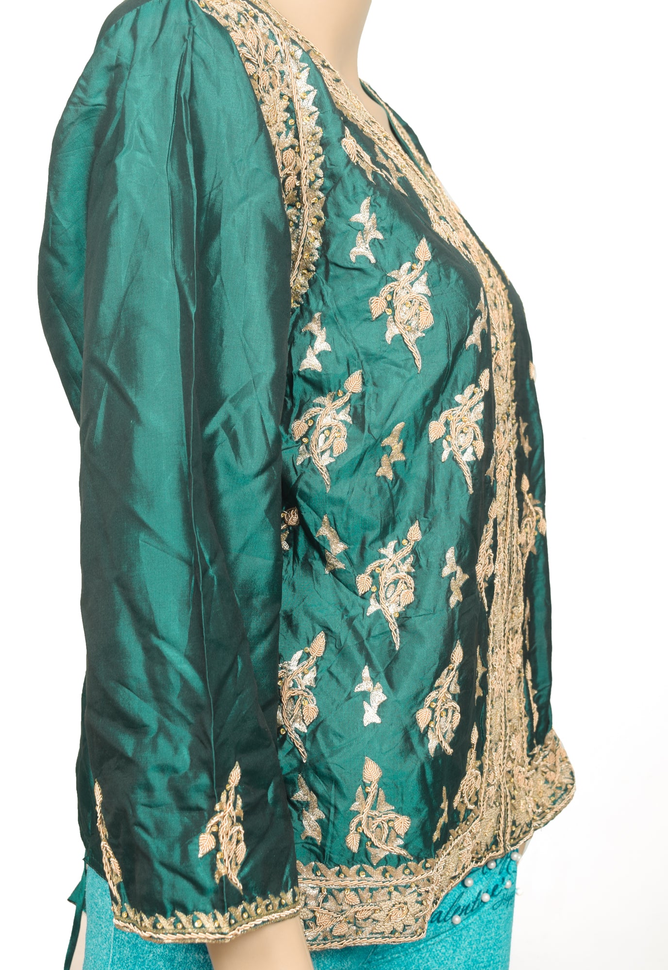 Bottle Green Short Kurti Stitched Sari Blouse Pure Silk Hand Beaded Floral Top 42"
