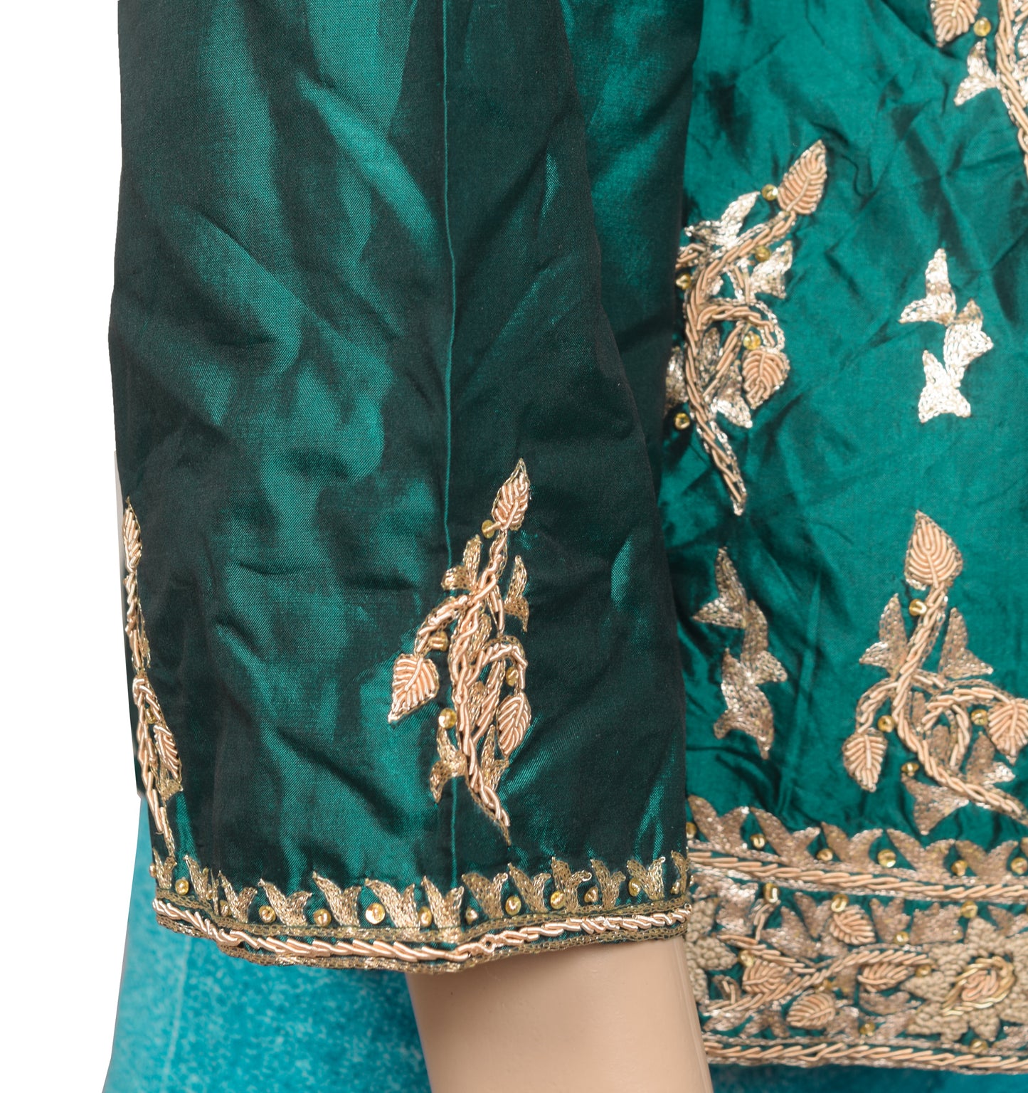Bottle Green Short Kurti Stitched Sari Blouse Pure Silk Hand Beaded Floral Top 42"