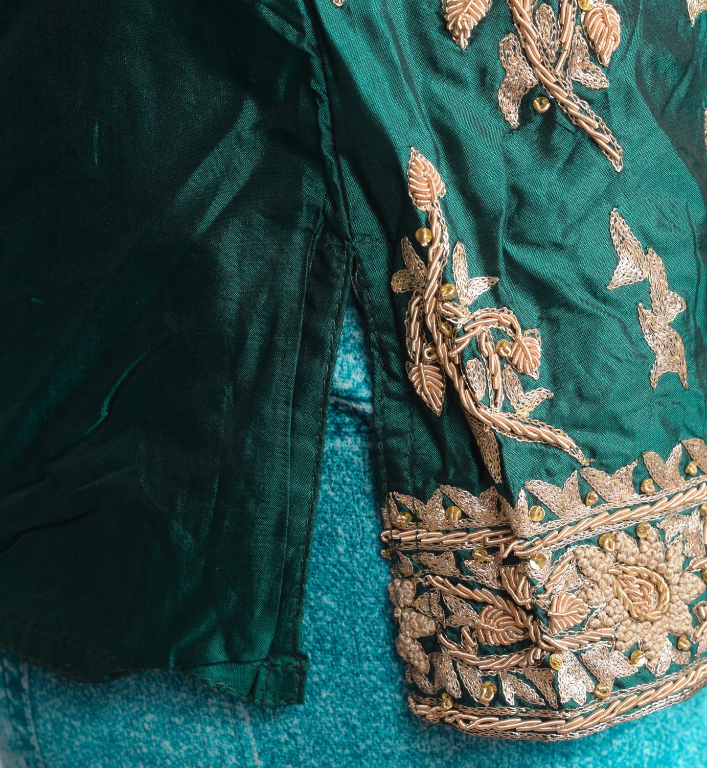 Bottle Green Short Kurti Stitched Sari Blouse Pure Silk Hand Beaded Floral Top 42"