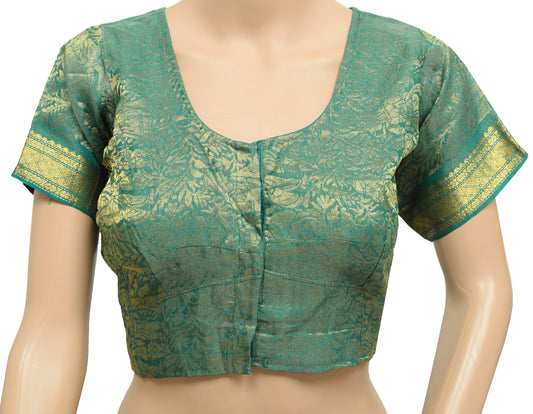 Sushila Vintage Readymade 38"Sari Blouse Green Zari Brocade Floral  Top
