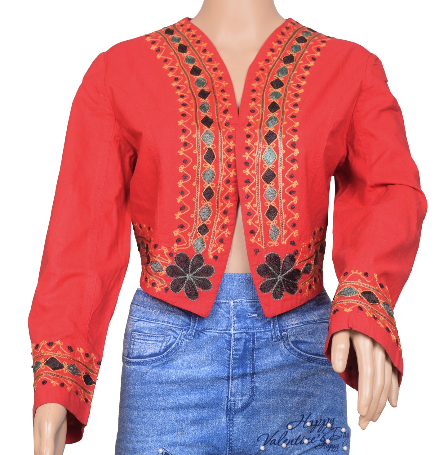 Vintage Red Stitched Puff Sleeve Sari Blouse Cotton Embroidered Waist Coat Top 38"