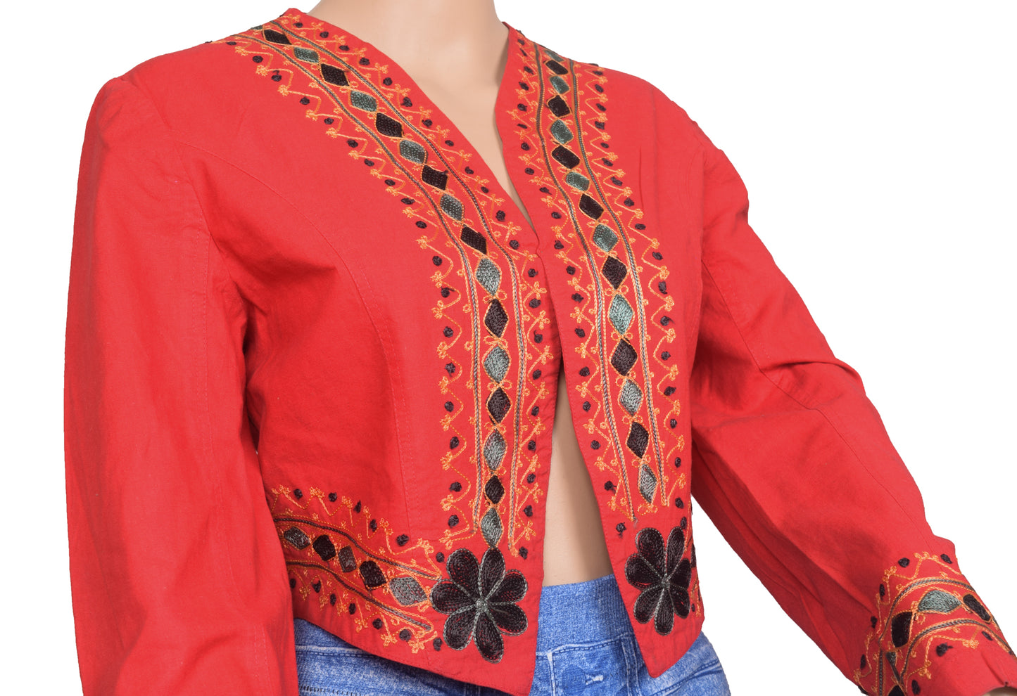 Vintage Red Stitched Puff Sleeve Sari Blouse Cotton Embroidered Waist Coat Top 38"