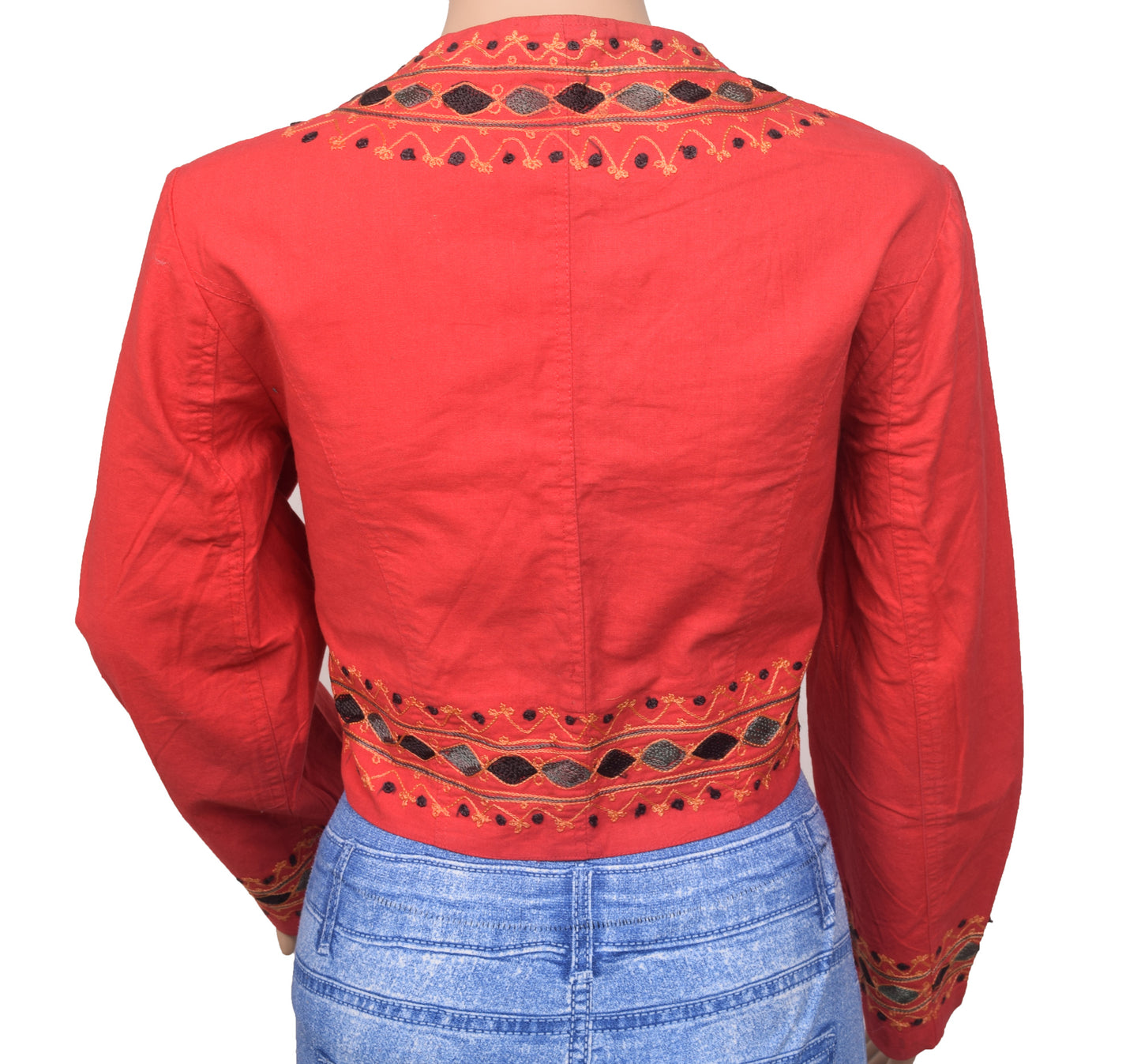 Vintage Red Stitched Puff Sleeve Sari Blouse Cotton Embroidered Waist Coat Top 38"