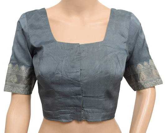 Sushila Vintage Readymade 32" Sari Blouse Gray Woven Designer Pure Silk Top