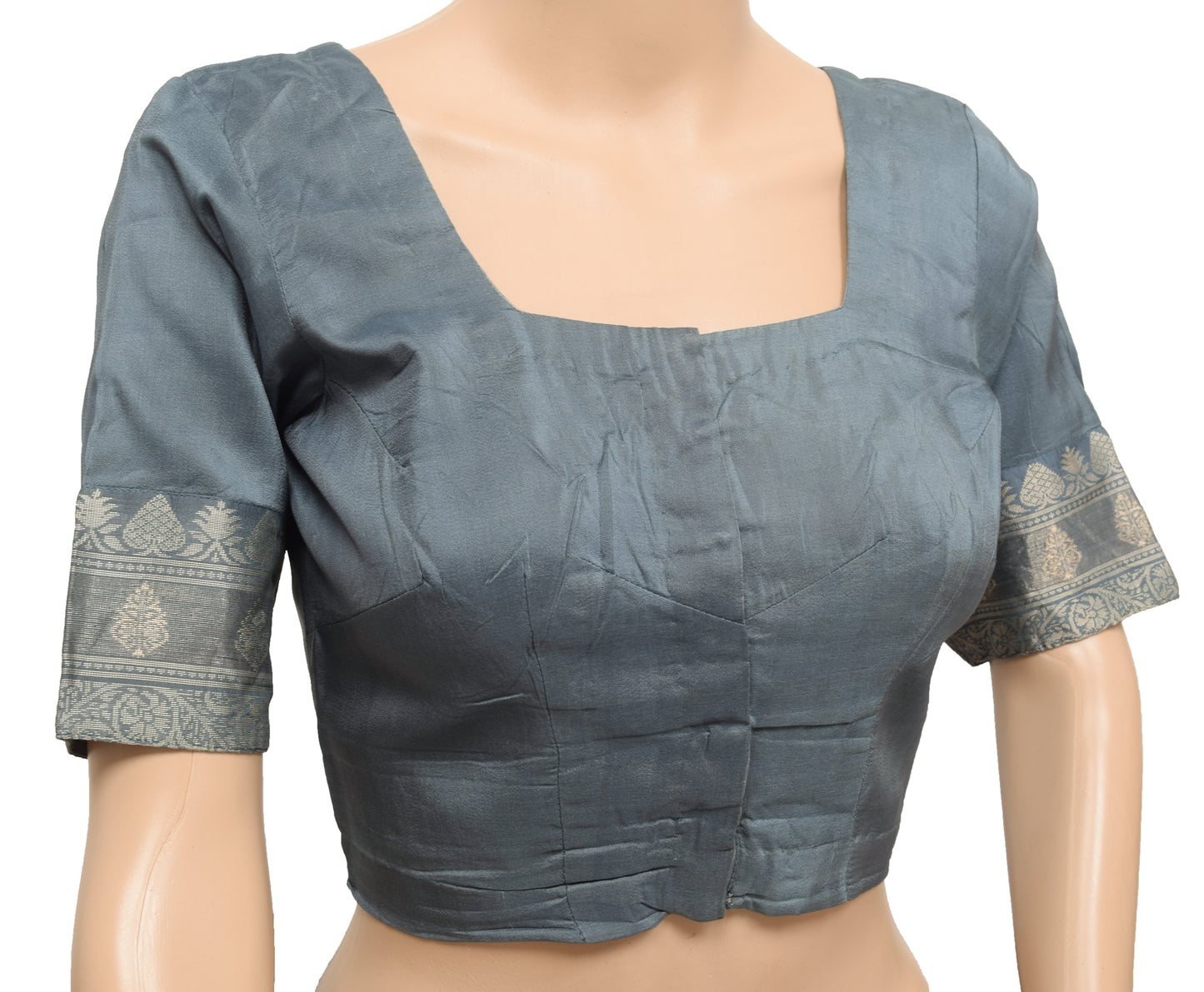 Sushila Vintage Readymade 32" Sari Blouse Gray Woven Designer Pure Silk Top