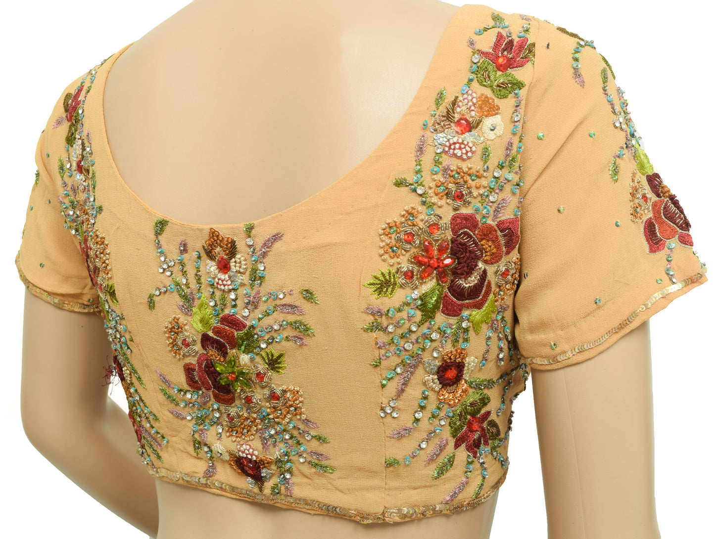 Sushila Vintage Readymade 38" Sari Blouse Georgette Hand Beaded Floral Top