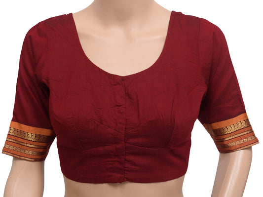 Sushila Vintage Readymade Stitched Sari Blouse 32" Pure Cotton Maroon Woven Top