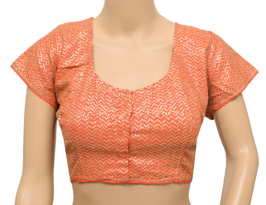 Sushila Vintage Orange Top Readymade Sequins Embroidered Stitched Silk 40"Sari Blouse