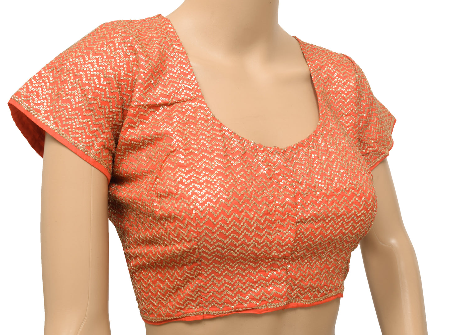 Sushila Vintage Orange Top Readymade Sequins Embroidered Stitched Silk 40"Sari Blouse