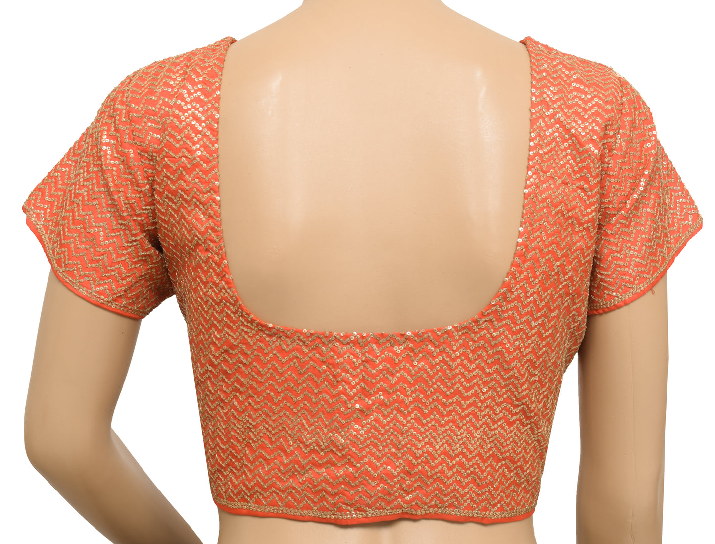 Sushila Vintage Orange Top Readymade Sequins Embroidered Stitched Silk 40"Sari Blouse